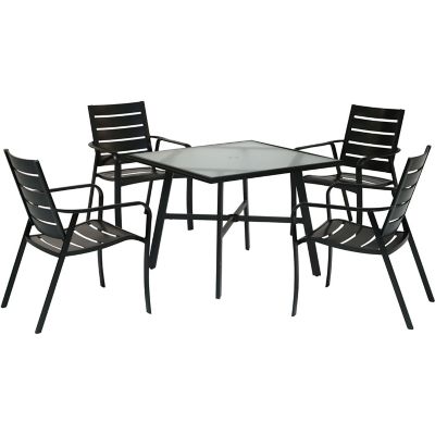 Hanover Cortino 5 pc. Commercial-Grade Patio Dining Set, 4 Aluminum Slat-Back Dining Chairs And A 38 in. Tempered-Glass Table