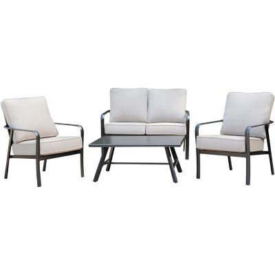 Hanover Cortino 4 pc. Commercial-Grade Patio Seating Set with 2-Cushioned Club Chairs, Loveseat, and Slat-Top Coffee Table