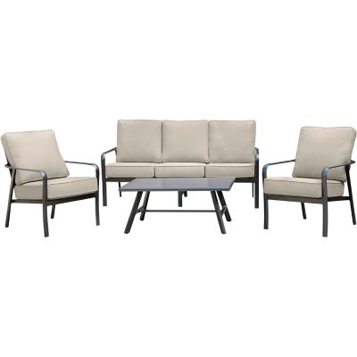Hanover Cortino 4 pc. Commercial-Grade Patio Seating Set with 2 Cushioned Club Chairs, Sofa, And Slat-Top Coffee Table