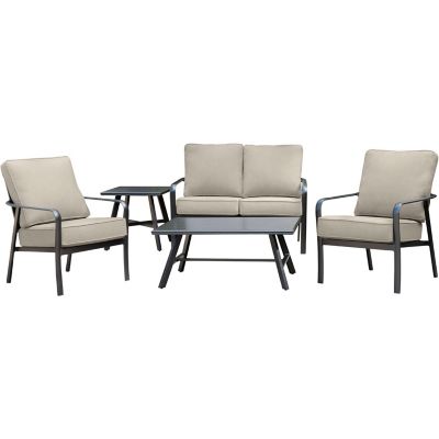 Hanover Cortino 5 pc. Commercial-Grade Patio Seating Set with 2-Cushioned Club Chairs, Loveseat, & Slat-Top Coffee & Side Table