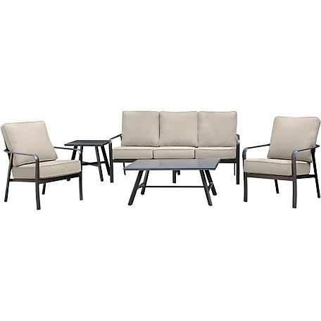Hanover Cortino 5 pc. Commercial-Grade Patio Seating Set With 2 Cushioned Club Chairs, Sofa, & Slat-Top Coffee & Side Table