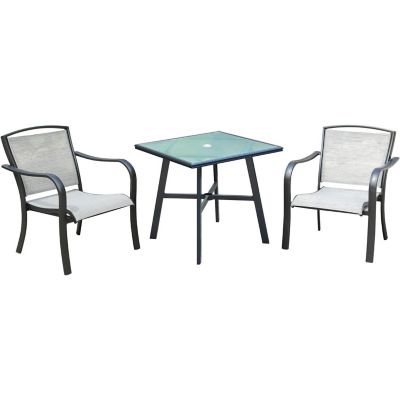 Hanover Foxhill 3 pc. Commercial-Grade Bistro Set With 2 Sling Dining Chairs And A 30 in. Square Glass-Top Table