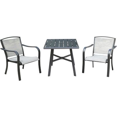 Hanover Foxhill 3 pc. Commercial-Grade Bistro Set With 2 Sling Dining Chairs And A 30 in. Square Slat-Top Table