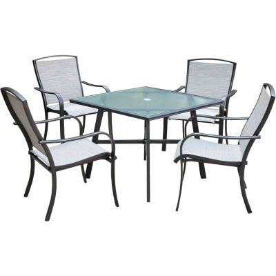 Hanover Foxhill 5 pc. Commercial-Grade Patio Dining Set With 4 Sling Dining Chairs And A 38 in. Square Glass-Top Table