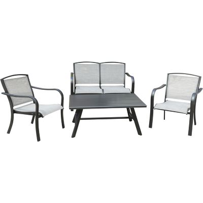 Hanover Foxhill 4 pc. Commercial-Grade Patio Seating Set with 2-Sling Lounge Chairs, Sling Loveseat, and Slat-Top Coffee Table