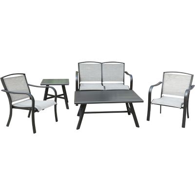 Hanover Foxhill 5 pc. Commercial-Grade Patio Seating Set with 2 Sling Chairs & Loveseat, Slat Coffee Table, & 22 in. Side Table