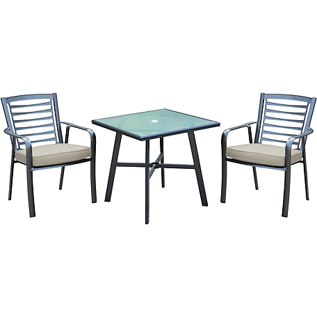 Hanover Pemberton 3 pc. Commercial-Grade Bistro Set With 2 Cushioned Dining Chairs And A 30 in. Square Glass-Top Table