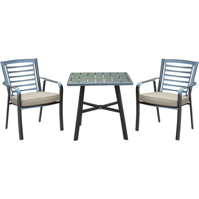 Hanover Pemberton 3 pc. Commercial-Grade Bistro Set With 2 Cushioned Dining Chairs And A 30 in. Square Slat-Top Table