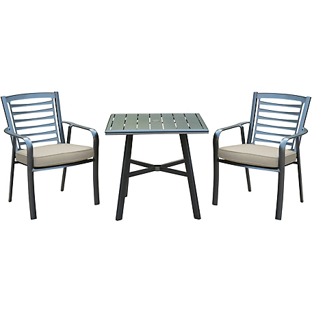 Hanover Pemberton 3 pc. Commercial-Grade Bistro Set With 2 Cushioned Dining Chairs And A 30 in. Square Slat-Top Table
