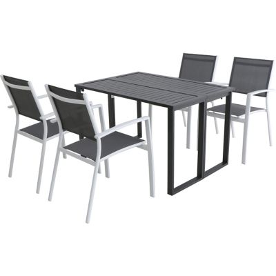 Hanover Conrad 5 pc. Compact Outdoor Dining Set with 4 Stackable Sling Chairs & Convertible Slatted Table, White/Gray