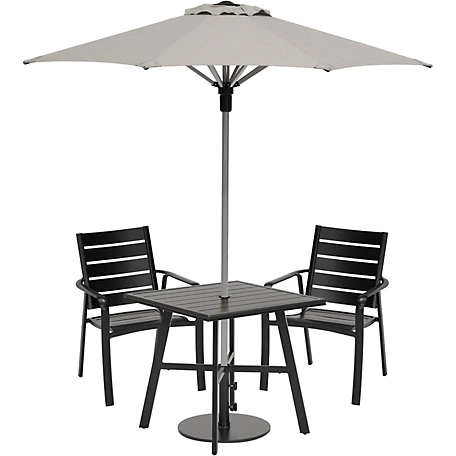 Hanover Cortino 3 pc. Commercial-Grade Dining Set, 2 Aluminum Slat-Back Dining Chairs, 30 in. Slat-Top Table, Umbrella, Stand