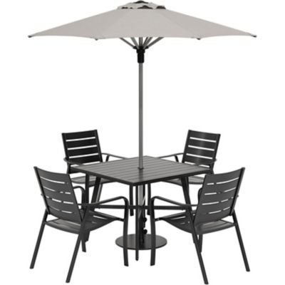 Hanover Cortino 5 pc. Commercial-Grade Dining Set, 4 Aluminum Slat Dining Chairs, 38 in. Slat Table, 7.5 ft. Umbrella & Stand
