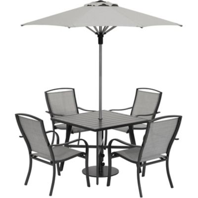 Hanover Foxhill 5 pc. Commercial-Grade Patio Dining Set, 4 Sling Dining Chairs, 38-in. Square Slat-Top Table, Umbrella & Base