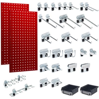 Triton Products (2) 18 x 36 in. Red Steel Square Hole Pegboards, 30 pc. LocHook Assortment & Hanging Bin System, LB18-RKit