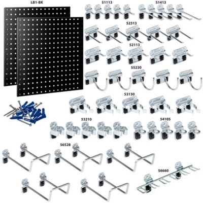 Image showing  24 W x 24 in. H Black Epoxy 18 ga. Steel Square Hole Pegboards with 46 pc. LocHook Assortment, LB1-BKKit