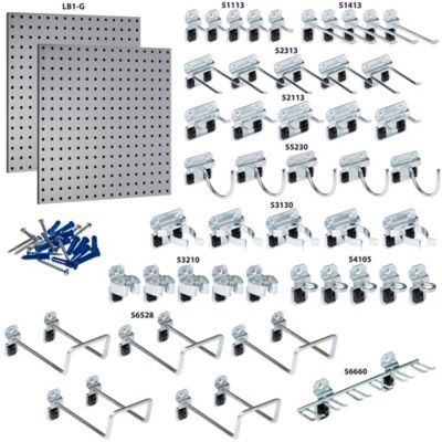 Image showing  24 x 24 in. Gray Epoxy Coated 18 ga. Steel Square Hole Pegboards with 46 pc. LocHook Assortment, LB1-GKit