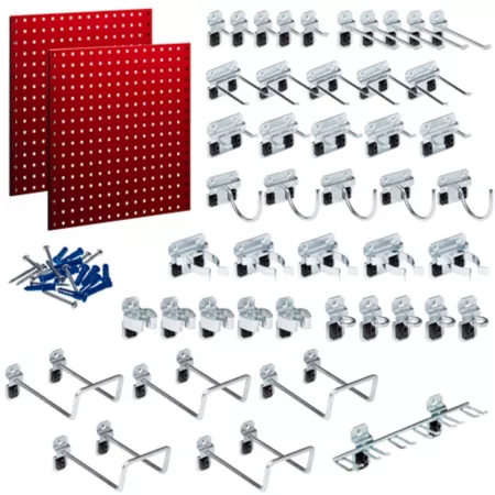 Triton Products (2) 24 W x 24 in H 18 Gauge Red Epoxy Steel Square Hole Pegboards with 46 Pieces LocHook Assortment LB1-RKit Pegboards