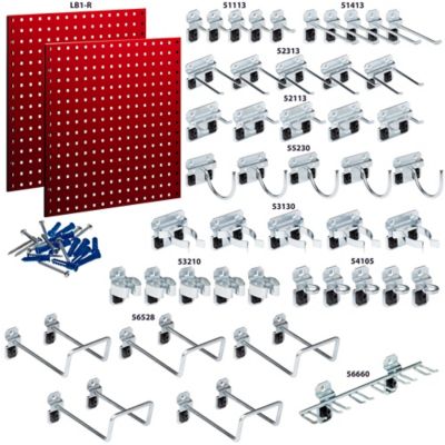 Image showing  24 W x 24 in. H Red Epoxy 18 ga. Steel Square Hole Pegboards with 46 pc. LocHook Assortment, LB1-RKit