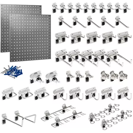 Triton Products 24 x 24 in Stainless Steel Square Hole Pegboards with 46 Pieces LocHook Stainless Steel Assortment 2 pieces. Pegboards