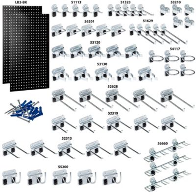 Image showing  24 W x 42 H x 9/16 D in. Black Epoxy, 18 ga. Steel Square Hole Pegboards with 63 pc. Lochook Assortment