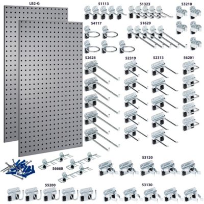 Image showing  24 W x 42 H x 9/16 D in. Gray Epoxy, 18 ga. Steel Square Hole Pegboards with 63 pc. Lochook Assortment