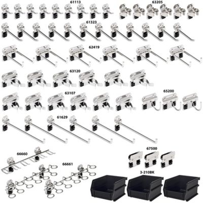 Image showing  63 pc. Stainless Steel Hook & Bin Assortment for Stainless Steel LocBoard (60 Asst Hooks & 3 Bins)