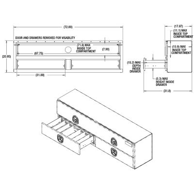 Image showing 7 th Buyers Products 21 x 18 x 72in. Diamond Tread Aluminum Heavy-Duty Flatbed Contractor Truck Tool Box With Lower Drawers