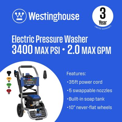 Image showing  3,400 Max PSI 1.76 GPM Electric Cold Water Pressure Washer with 5 Nozzles & Soap Tank, Brushless Motor