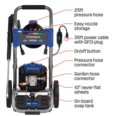 Image showing  3,400 Max PSI 1.76 GPM Electric Cold Water Pressure Washer with 5 Nozzles & Soap Tank, Brushless Motor