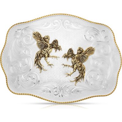 Montana Silversmiths Giant Scalloped Two Tone Belt Buckle With Fighting Roosters, 4107
