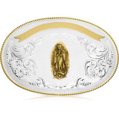 Montana Silversmiths Giant Oval Two Tone Belt Buckle With Lady of Guadalupe, 6218-1010L