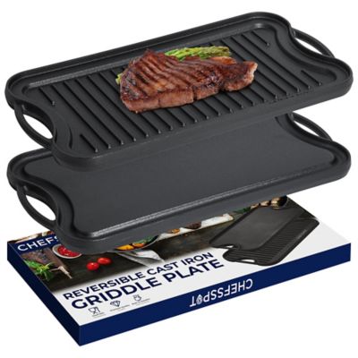 CHEFSSPOT Preseasoned Cast Iron Reversible Griddle Plate Pan - Even Heat Distribution - Works On Oven, Stove, Grill, and Fire