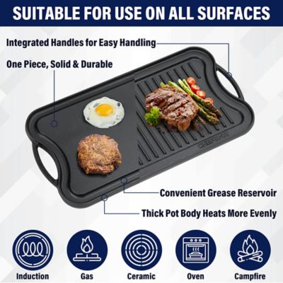 Image showing  Pre-Seasoned Cast Iron Reversible Griddle Plate Pan, Even Heat Distribution, Works On Oven, Stove, Grill, and Fire