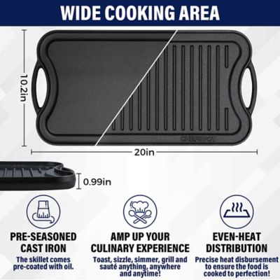 Image showing  Pre-Seasoned Cast Iron Reversible Griddle Plate Pan, Even Heat Distribution, Works On Oven, Stove, Grill, and Fire