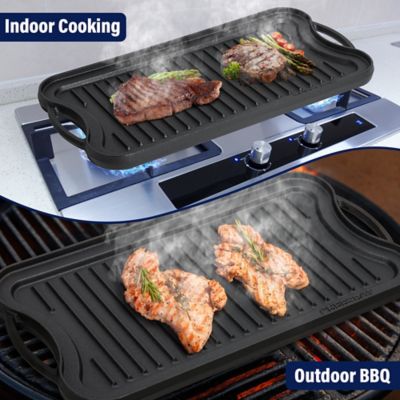 Image showing  Pre-Seasoned Cast Iron Reversible Griddle Plate Pan, Even Heat Distribution, Works On Oven, Stove, Grill, and Fire