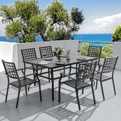 Nuu Garden 7 pc. Outdoor Iron Dining Set with 60.63 Table and 1.57 in. Umbrella Hole, Black