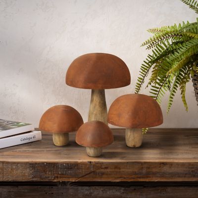 GIL Set of 4 Rustic Metal and Wood Mushroom Figurines, 2710280EC