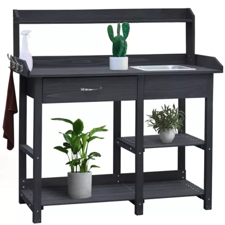 Veikous 3-Tier Wooden Potting Table with Removable Stainless Steel Sink and Drawer Gray Plant Stands & Accessories