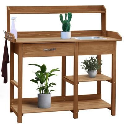 Veikous 3-Tier Wood Potting Bench Table with Removable Stainless Sink and Drawer, Natural