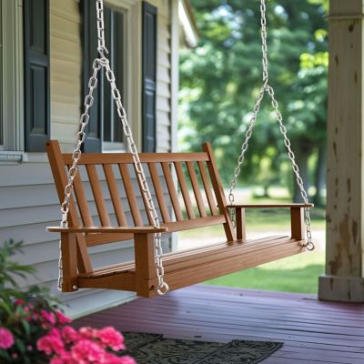 Veikous Outdoor Wooden Patio Porch Swing with Chains and Curved Bench, 4 ft.