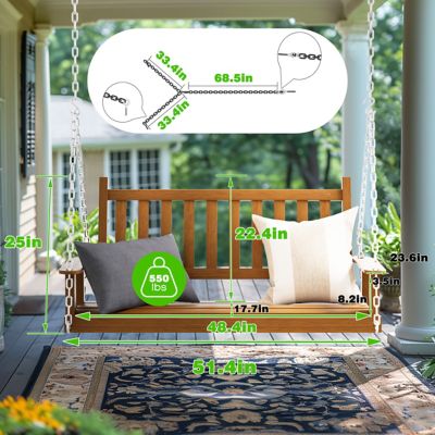 Image showing  2-Person Outdoor Wooden Patio Porch Swing with Chains and Curved Bench, 550 lb. Capacity, 4 ft.