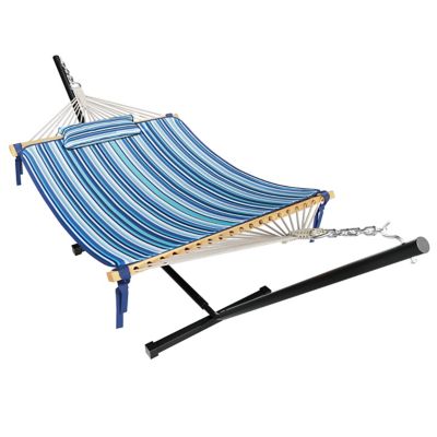 Veikous 12 ft. Quilted 2-Person Hammock Bed with Stand and Detachable Pillow, Blue