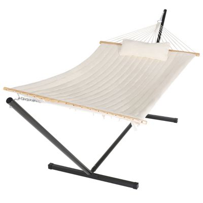 Veikous 12 ft. Quilted 2-Person Hammock Bed with Stand and Detachable Pillow, Cream White