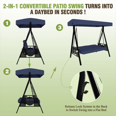 Image showing  3-Person Metal Patio Swing Chair with Converting Canopy and Detachable Cushion and Side Trays, 661 lb. Capacity