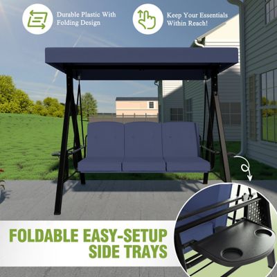 Image showing  3-Person Metal Patio Swing Chair with Converting Canopy and Detachable Cushion and Side Trays, 661 lb. Capacity