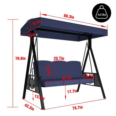 Image showing 9 th Veikous 3-Person Metal Patio Swing Chair with Converting Canopy and Detachable Cushion and Side Trays, 661 lb. Capacity