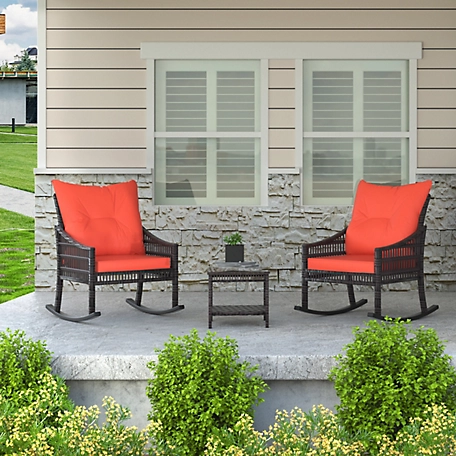 Veikous 3-Piece Patio Wicker Outdoor Rocking Chair Set with Cushions and Pillows, Orange