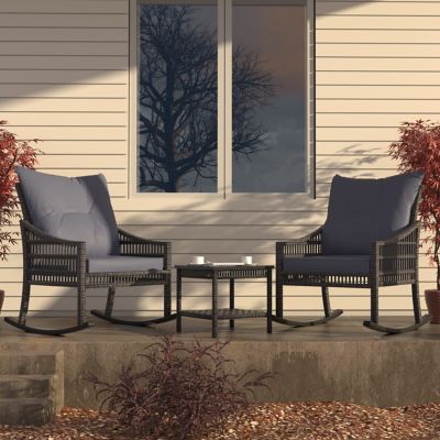 Veikous 3 pc. Patio Wicker Outdoor Rocking Chair Set with Cushions and Pillows, Gray