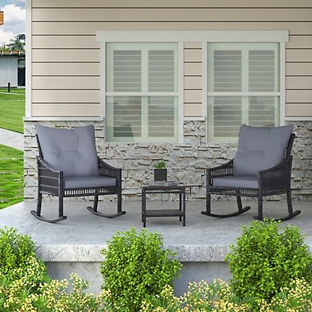 Veikous 3-Piece Patio Wicker Outdoor Rocking Chair Set with Cushions and Pillows, Gray