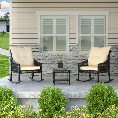 Veikous 3 pc. Patio Wicker Outdoor Rocking Chair Set with Cushions and Pillows